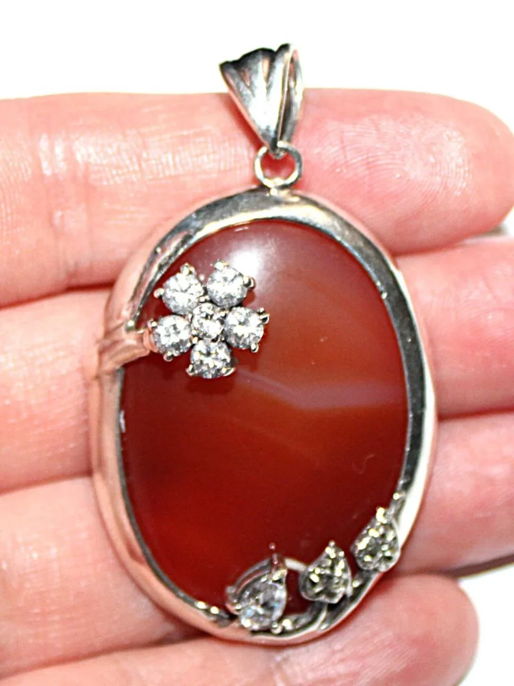 Sterling Silver Carnelian Cubic Zirconia Pendant 24 Grams